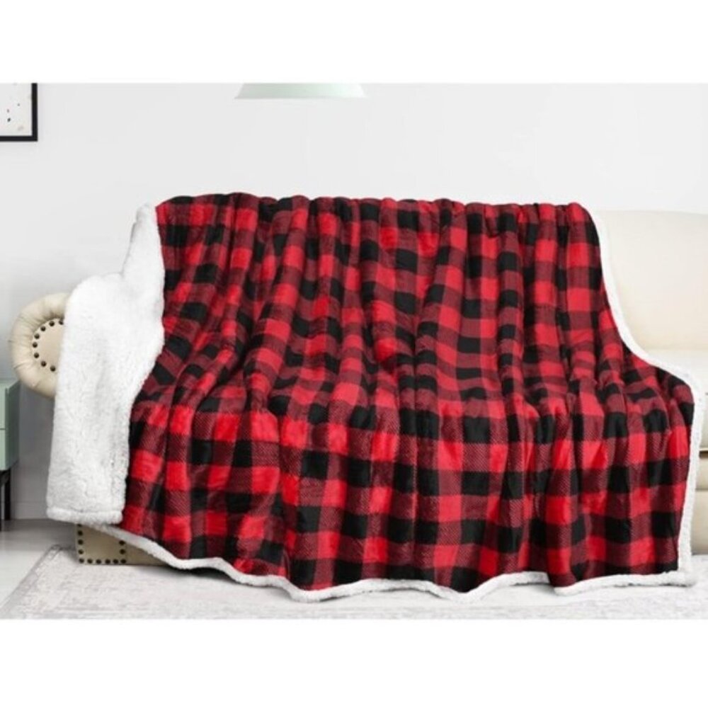 2x Catalonia Classic Red Black Checkered Holiday Blanket Buffalo Plaid Sherpa - Picture 6 of 6